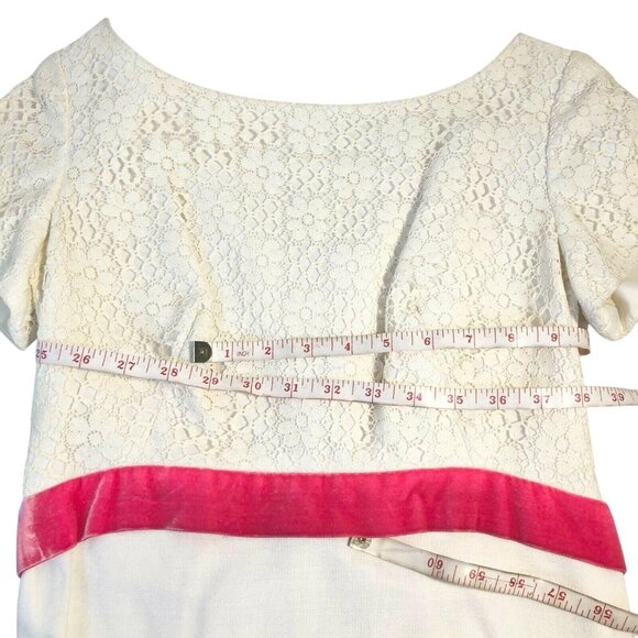 Vintage White Lace Maxi Dress Pink Velvet Waist Cap Sleeves Elegant Formal Wear - Picture 9 of 12